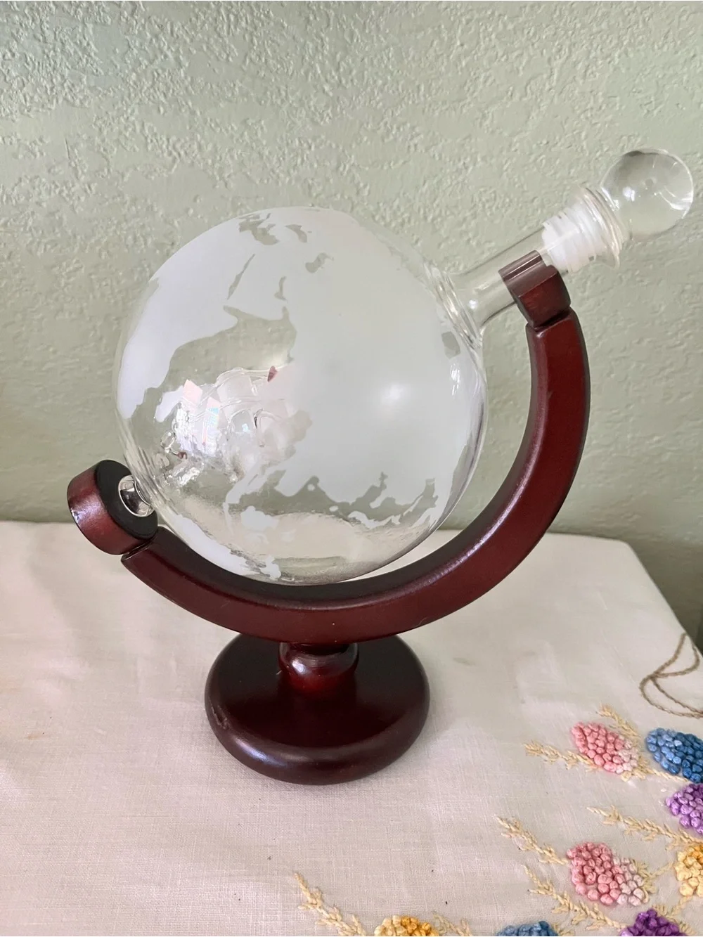 Vintage Glass Globe Ship Decanter on Wooden Stand Frosted World Map Barware